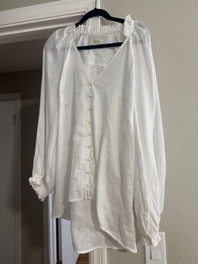 Anthropologie White Top with Black Polka-Dot Trim
